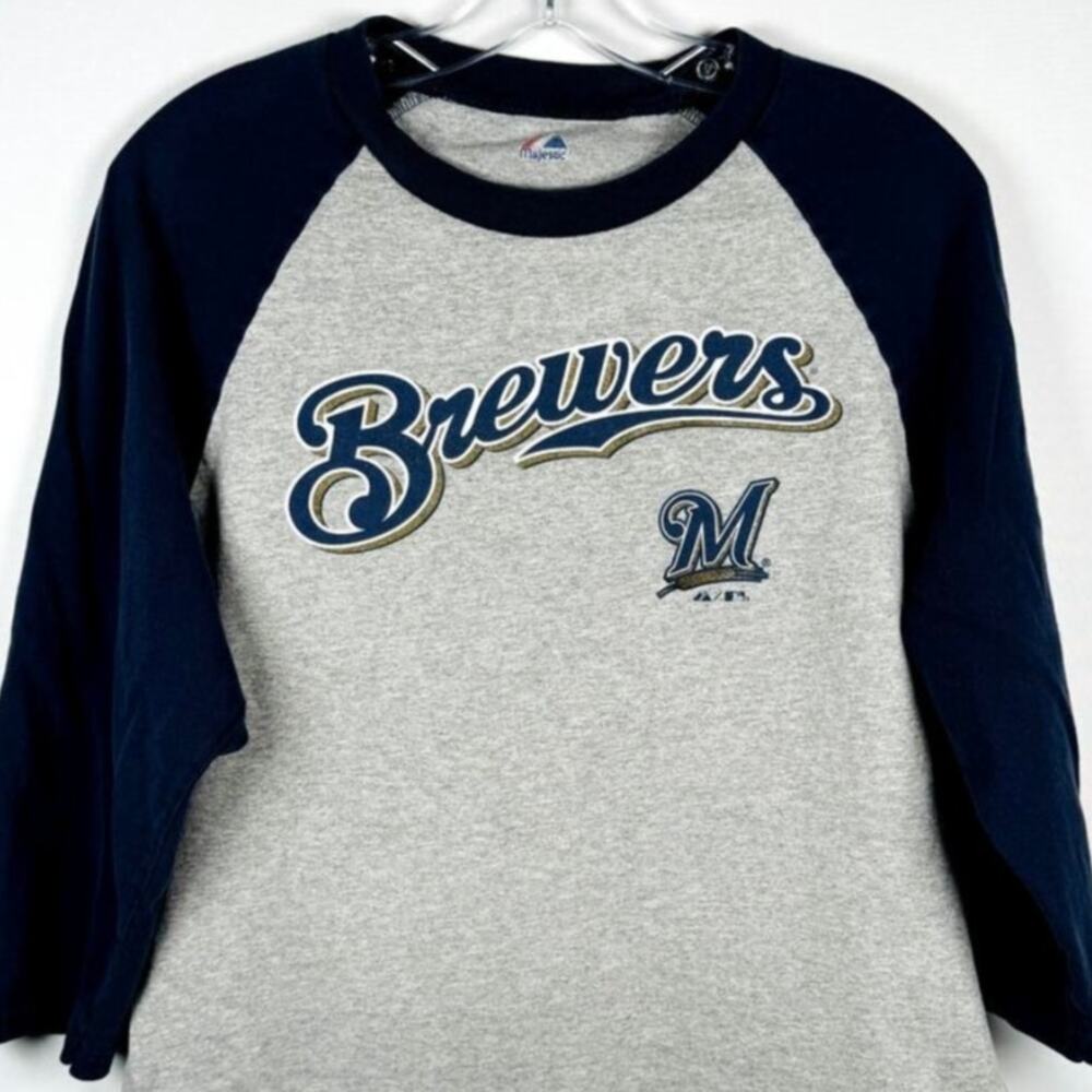 Majestic MLB Milwaukee Brewers Baseball Ringer Grey/Blue Women's T-Shirt Size M